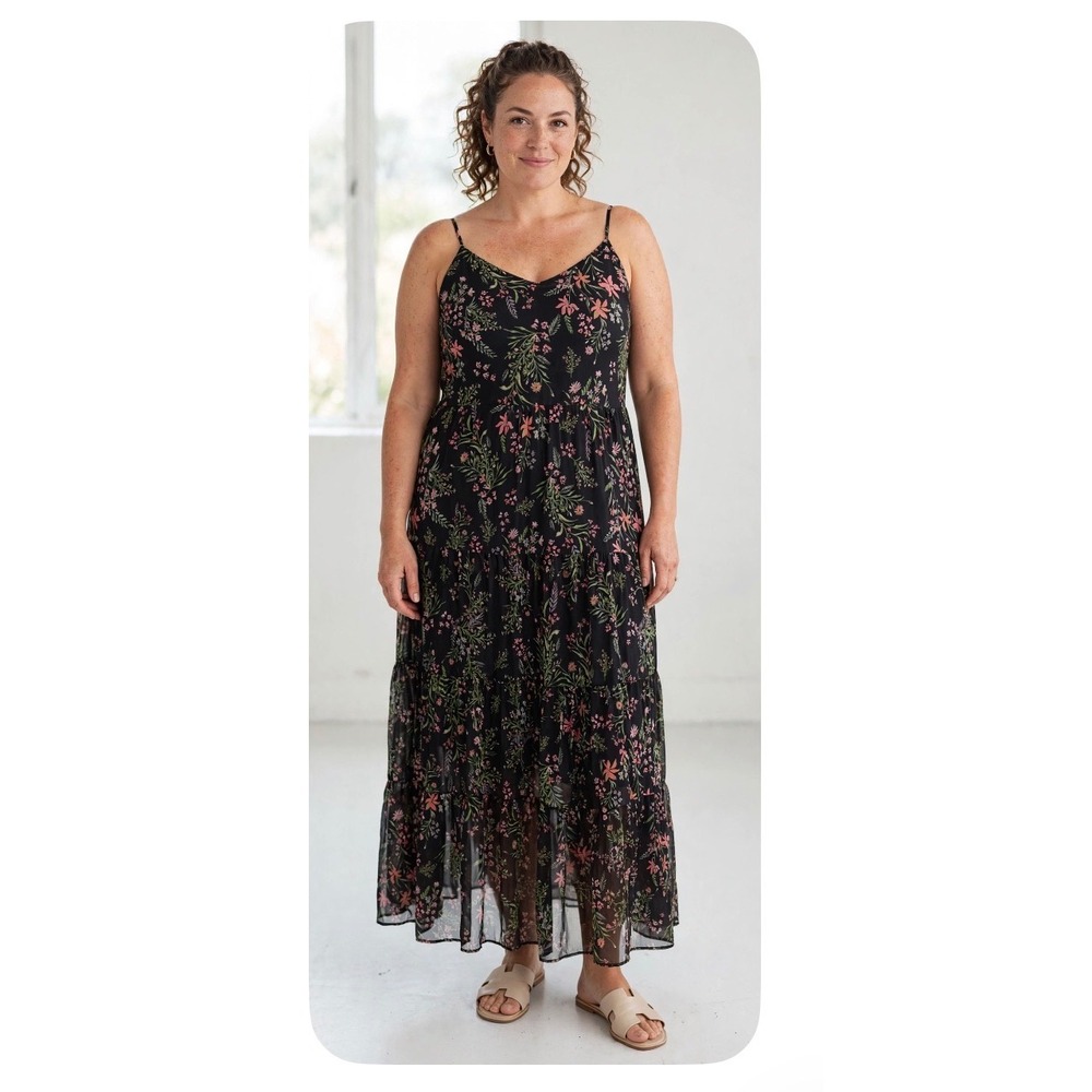 Rachel Zoe Floral Maxi Dress Black Pink Tiered Smocked Back Size 12 Womens
